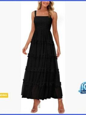 Sleeveless Smocked Tiered Ruffle Tulle A-Line Maxi Dress